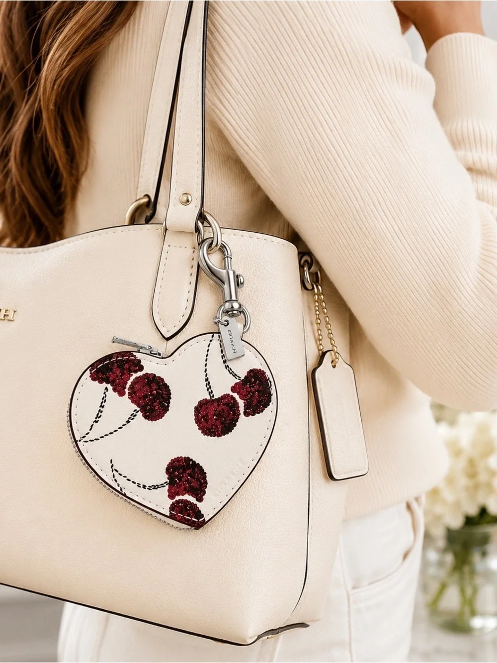 NEW Coach White Cherry Print Heart Bag Charm Coin Case CDB55 with dust bag NWT